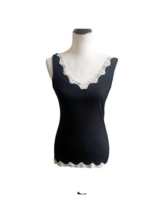 Unbranded Tops - Lace Trim Ribbed Camisole Tank Black Cream Y2K Size M/L Fairy Grunge